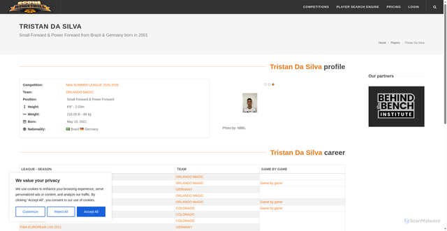 Security scan screenshot of https://scoutbasketball.com/player/Tristan-Da-Silva