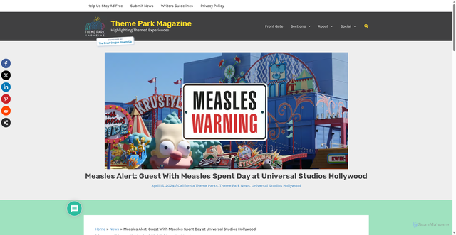 Security scan screenshot of https://themeparkmagazine.com/universalstudioshollywoodmeasles/