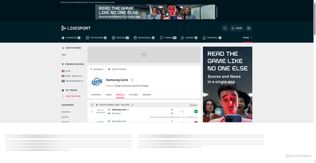 Security scan screenshot of https://www.livesport.com/team/samsung-lions/O6nTMCG7/results/