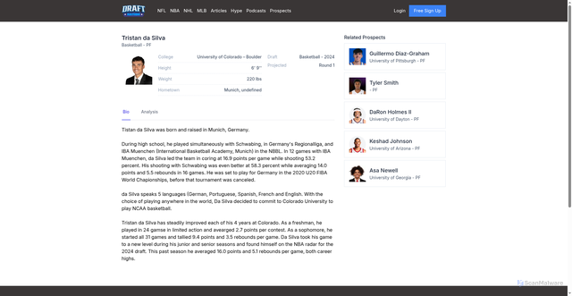 Security scan screenshot of https://www.draftnation.com/prospects/tristan-da-silva-5qiq0f