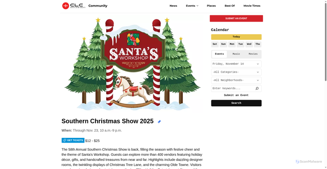 Security scan screenshot of https://community.clclt.com/charlotte/southern-christmas-show-2025/Event?oid=30663523