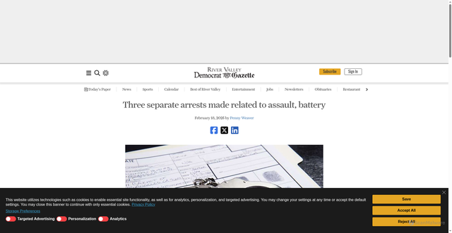Security scan screenshot of https://www.rivervalleydemocratgazette.com/news/2025/feb/18/three-separate-arrests-made-related-to-assault/
