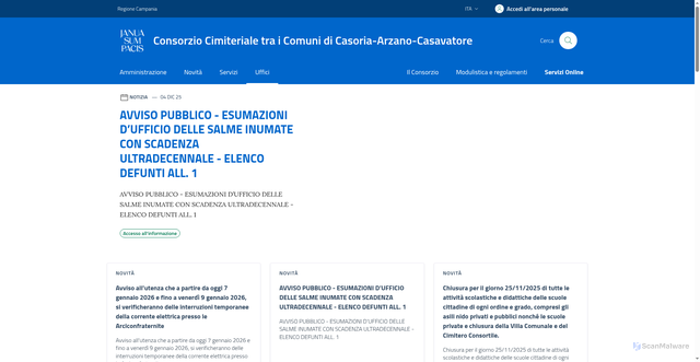 Security scan screenshot of https://www.cimiteroarzanocasavatorecasoria.na.it/