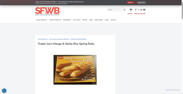 Security scan screenshot of https://www.snackandbakery.com/articles/93855-trader-joes-mango-sticky-rice-spring-rolls