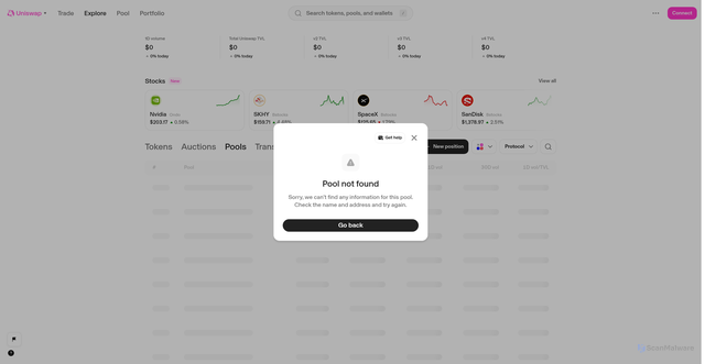 Security scan screenshot of http://web-06-25-feat-i18n-new-translations-uniswap.vercel.app/explore/pools/ethereum/0xbAFeAd7c60Ea473758ED6c6021505E8BBd7e8E5d
