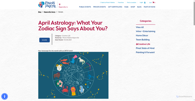 Security scan screenshot of https://www.pinotspalette.com/naperville/blog/creative-life/pinotspalettenaperville-april-astrology-what-your-zodiac-sign-says-about-you