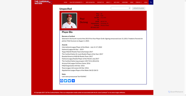 Security scan screenshot of https://thecardinalnation.com/player/paul-dejong/