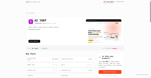 Security scan screenshot of https://voiceagentlist.com/vendors/ai-yukt-5344e9