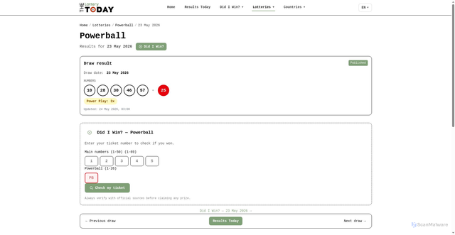 Security scan screenshot of https://thelotterytoday.com/en/lottery/powerball/2026-05-23