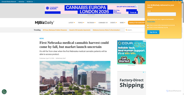 Security scan screenshot of https://mjbizdaily.com/news/first-nebraska-medical-cannabis-harvest-could-come-by-fall-but-market-launch-uncertain/615467/