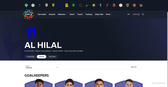 Security scan screenshot of https://www.spl.com.sa/en/teams/3095/al-hilal/squad