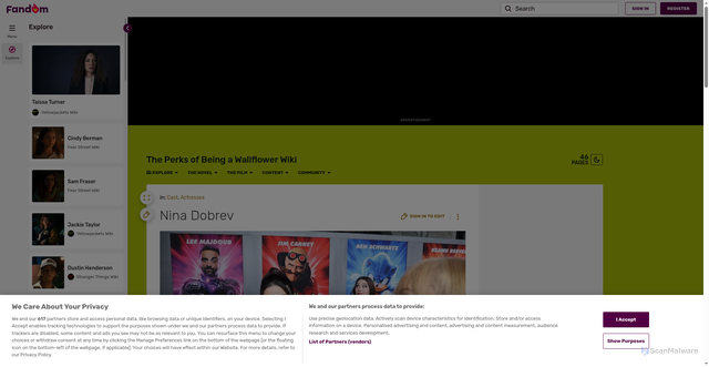 Security scan screenshot of https://perksofbeingawallflower.fandom.com/wiki/Nina_Dobrev