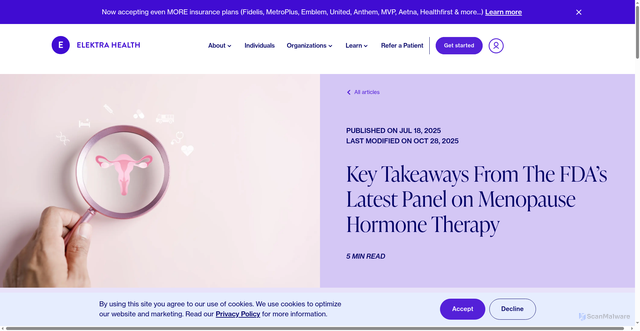 Security scan screenshot of https://www.elektrahealth.com/blog/fda-menopause-hormone-therapy-panel/