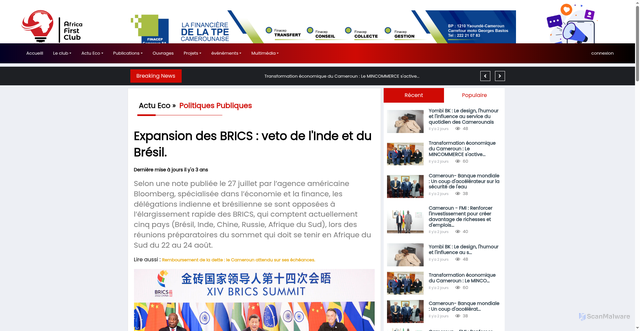 Security scan screenshot of https://africafirstclub.com/read/expansion-des-brics-veto-de-l-inde-et-du-bresil