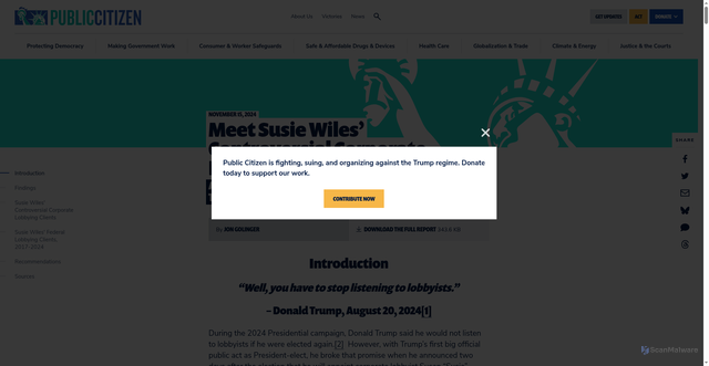 Security scan screenshot of https://www.citizen.org/article/meet-susie-wiles-controversial-corporate-lobbying-clients/