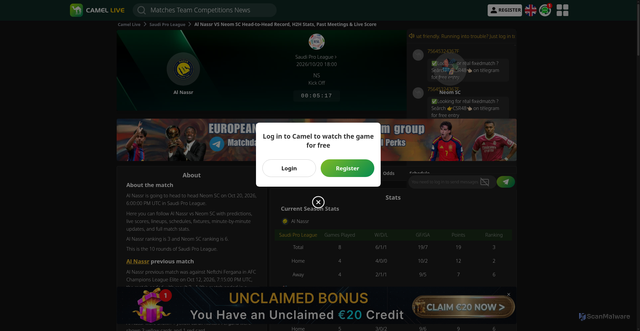 Security scan screenshot of https://www.camellive.is/head-to-head/20261021-al-nassr-vs-neom-sc