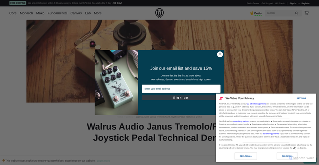 Security scan screenshot of https://www.walrusaudio.com/blogs/videos/84379203-walrus-audio-janus-tremolo-fuzz-joystick-pedal-technical-demo