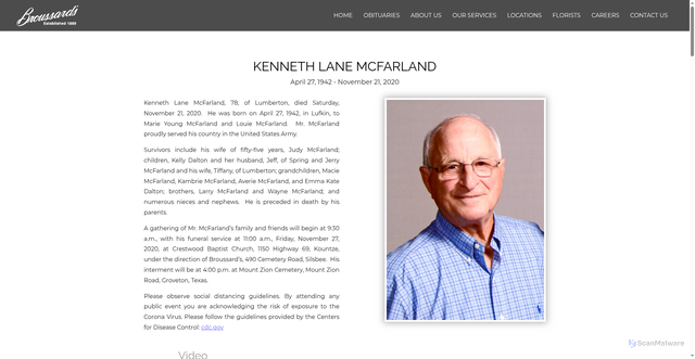 Security scan screenshot of https://broussards1889.com/obituary/kenneth-mcfarland/