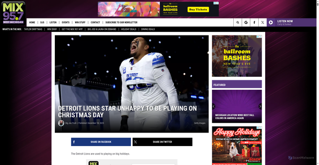 Security scan screenshot of https://mix957gr.com/lions-christmas-day-game-penei-sewell/