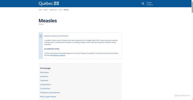 Security scan screenshot of https://www.quebec.ca/en/health/health-issues/a-z/measles
