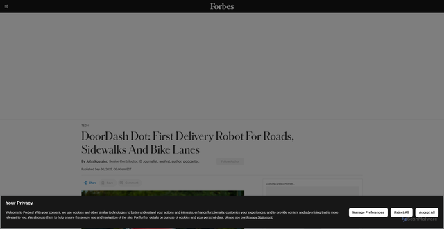 Security scan screenshot of https://www.forbes.com/sites/johnkoetsier/2025/09/30/doordash-dot-first-delivery-robot-for-roads-sidewalks-and-bike-lanes/