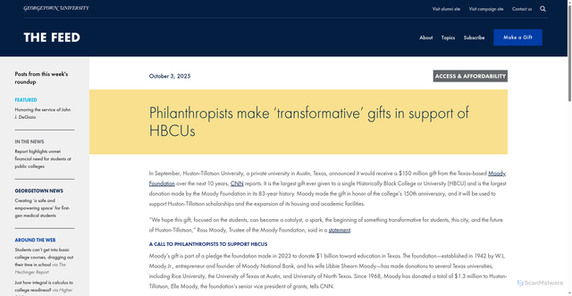 Security scan screenshot of https://feed.georgetown.edu/access-affordability/philanthropists-make-transformative-gifts-in-support-of-hbcus/