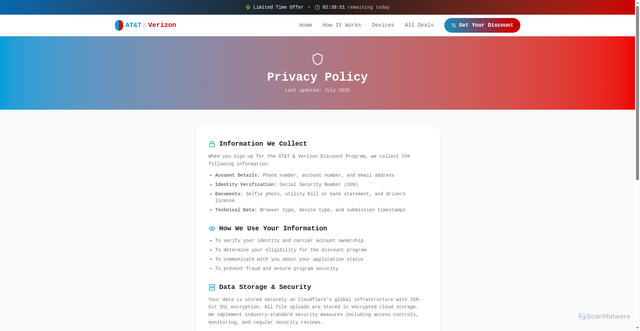 Security scan screenshot of https://att-verizon-discount-78u.pages.dev/privacy