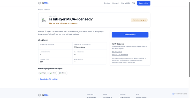 Security scan screenshot of https://eumica.com/exchange/bitflyer