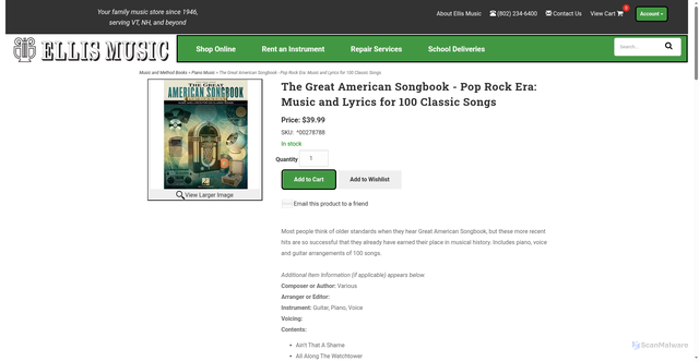 Security scan screenshot of https://www.ellismusic.com/p-8546-the-great-american-songbook-pop-rock-era-music-and-lyrics-for-100-classic-songs.aspx?srsltid=AfmBOooET9IT1IhXWOfDMuxzr7Wr5BbDuwF7wviP0X58smogFm0wS0v_