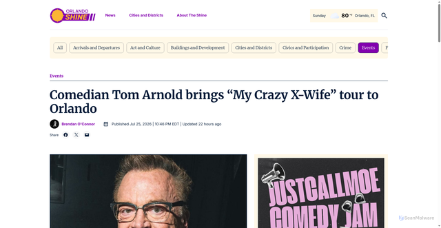 Security scan screenshot of https://orlandoshine.com/comedian-tom-arnold-brings-my-crazy-x-wife-tour-to-orlando/