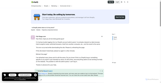 Security scan screenshot of https://community.shopify.com/t/is-shopify-admin-down-or-is-it-my-store/577766