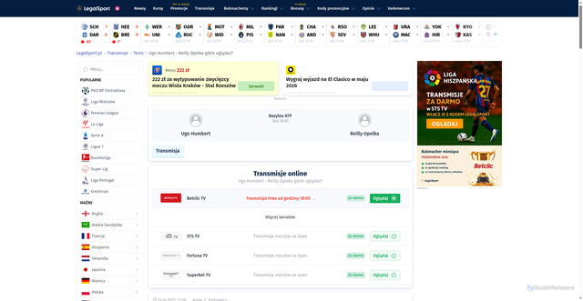 Security scan screenshot of https://www.legalsport.pl/transmisje/tenis/ugo-humbert-reilly-opelka-61409398/