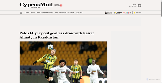 Security scan screenshot of https://cyprus-mail.com/2025/10/21/pafos-fc-play-out-goalless-draw-with-kairat-almaty-in-kazakhstan