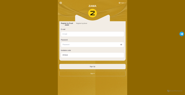 Security scan screenshot of https://t53njs.zama-mining.vip/#/register?ref=971514