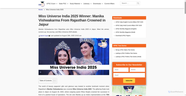 Security scan screenshot of https://www.studyiq.com/articles/miss-universe-india-2025/?srsltid=AfmBOoryD7zIad-GHYkV8cKy_W3ytK2GnLapwy2YuF6kGMaSeQfZsLx4
