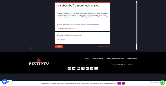 Security scan screenshot of https://amoriatv.com/unsubscribe/