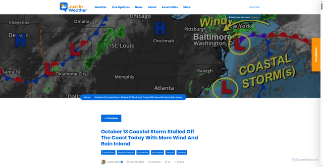 Security scan screenshot of https://justinweather.com/2025/10/13/october-13-coastal-storm-stalled-off-the-coast-today-with-more-wind-and-rain-inland/