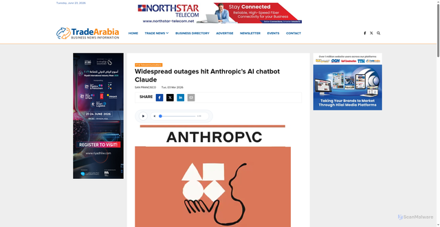 Security scan screenshot of https://www.tradearabia.com/News/389905/Widespread-outages-hit-Anthropic%E2%80%99s-AI-chatbot-Claude