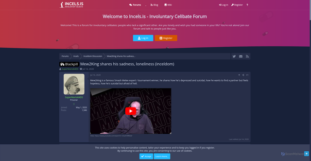 Security scan screenshot of https://incels.is/threads/mew2king-shares-his-sadness-loneliness-inceldom.222763/