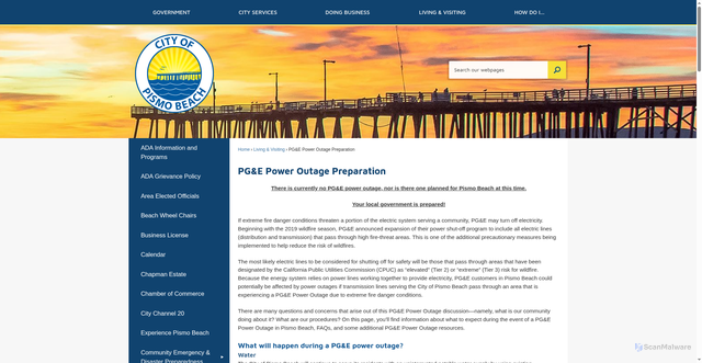 Security scan screenshot of http://www.pismobeach.org/923/PGE-Power-Outage-Preparation
