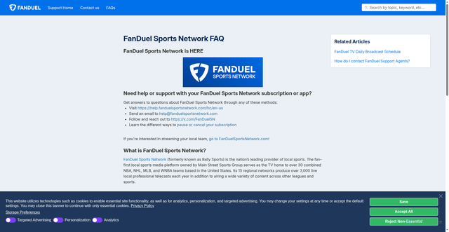 Security scan screenshot of https://support.fanduel.com/s/article/FanDuel-Sports-Network-FAQ