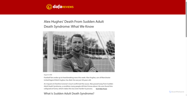 Security scan screenshot of https://dafareviews.com/football-breaking-news/mark-hughes-son-alex-hughes-sudden-adult-death-syndrome/