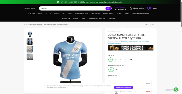 Security scan screenshot of https://favoriteshield.com/collections/new-releases-25-26/products/camiseta-manchester-city-i-25-26-hombre-version-jugador