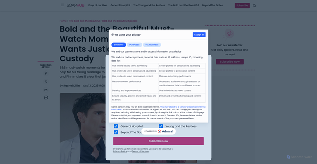 Security scan screenshot of https://soaphub.com/the-bold-and-the-beautiful/spoilers-bold/october-14-deacon-sheila-katie-bill-luna/