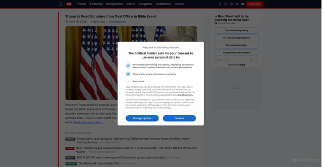 Security scan screenshot of https://thepoliticalinsider.com/story/trump-to-read-scripture-from-oval-office-in-bible-event