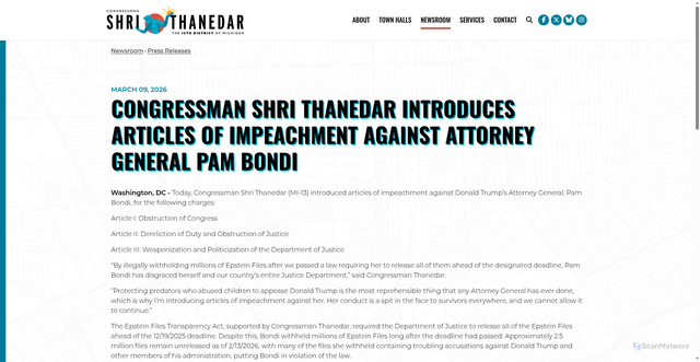 Security scan screenshot of https://thanedar.house.gov/media/press-releases/congressman-shri-thanedar-introduces-articles-of-impeachment-against-attorney-general-pam-bondi