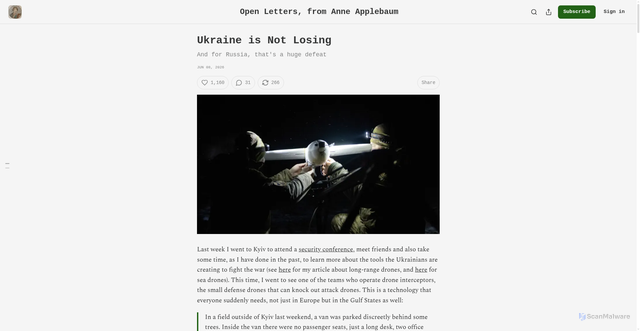 Security scan screenshot of https://anneapplebaum.substack.com/p/ukraine-is-not-losing