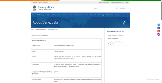 Security scan screenshot of https://www.eoicaracas.gov.in/page/about-venezuela/