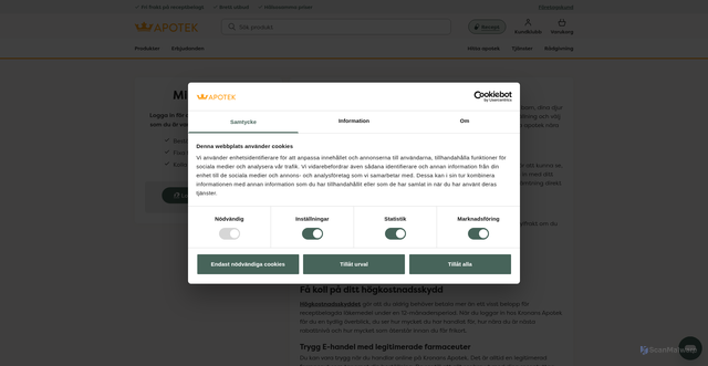 Security scan screenshot of https://www.kronansapotek.se/recept/logga-in/?utm_source=idrelay&utm_medium=email&utm_campaign=2026_K2_Bonusutbetalning&utm_content=2026_K2_Bonusutbetalning