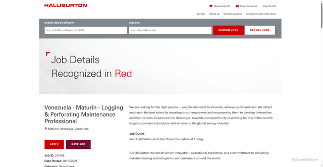 Security scan screenshot of https://careers.halliburton.com/job/maturin/venezuela-maturin-logging-and-perforating-maintenance-professional/543/99027762064
